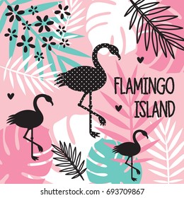 tropical pattern with flamingos and palm leaves, exotic bird vector illustration