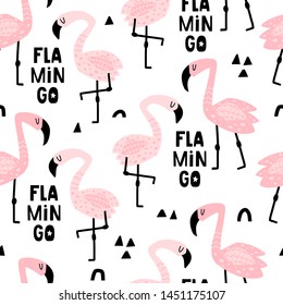 Tropical pattern with flamingos and text