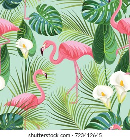 Tropical pattern with flamingos. Vector seamless texture.