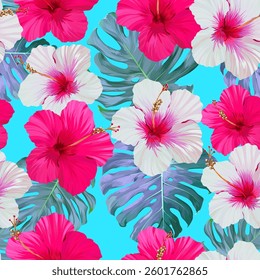 Tropical pattern floral seamless background with exotic flowers, orchid flower, hibiscus, jungle leaves, palm tree, plumeria. Summer pattern. Artistic background. Wallpaper botanical illustrations.