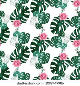Tropical pattern with flower and palm leaves. Square watercolor print with tropic rose and monstera leaves. Summer seamless pattern background with floral elements on white backdrop.