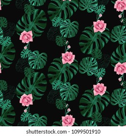 Tropical pattern with flower and palm leaves. Square watercolor print with tropic rose and monstera leaves. Summer seamless pattern background with floral elements on black backdrop.