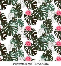 Tropical pattern with flower and palm leaves. Square watercolor print with tropic rose and monstera leaves. Summer seamless pattern background with floral elements on white backdrop.