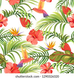  tropical pattern with flowers and hummingbirds
