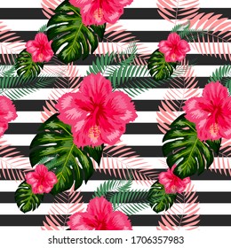 Tropisches Muster. Tropische Blumen und Blätter für Ihr Design. Hibiscus, Monsterablatt, Palmblätter. Nahtloses Muster