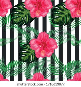 Tropical pattern. Tropical flowers and leaves for your design. Hibiscus, monstera leaf, palm leaves. Seamless pattern