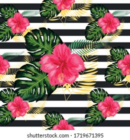 Tropical pattern. Tropical flowers and leaves for your design. Hibiscus, monstera leaf, palm leaves. Seamless pattern