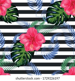 Tropical pattern. Tropical flowers and leaves for your design. Hibiscus, monstera leaf, palm leaves. Seamless pattern