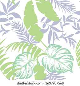 Tropical pattern with flowers and palm leaves on colored background.Seamless jungle print for summer textile design. Trendy vector illustration.