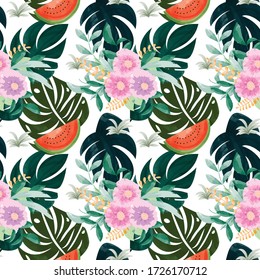 Patrón tropical con flores y sandía