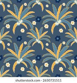 Tropical pattern with freehand drawn Coconut palm  trees. Hawaii summer background for fabric, textiles, clothing, poster, cover, decoration, banner, wallpaper, interior decor. 