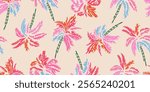 Tropical pattern with freehand drawn palm trees. Hawaii summer background for fabric, textiles, clothing, poster, cover, decoration, banner, wallpaper, interior decor. Vector illustration.