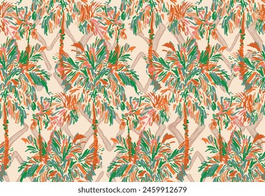 tropical pattern with freehand drawn palm trees with watercolor rhombuses background; seamless pattern for decoration and textiles