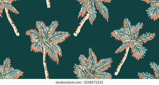 Tropical pattern with freehand drawn palm trees. Hawaii summer background for fabric, textiles, clothing, wrapping paper, cover, decoration, banner, wallpaper, interior decor. Vector illustration.