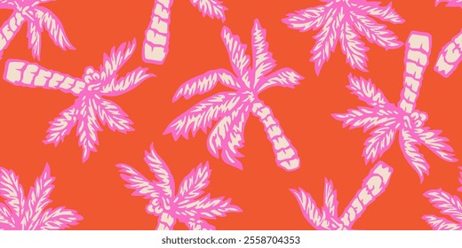 Tropical pattern with freehand drawn palm trees. Hawaii summer background for fabric, textiles, clothing, wrapping paper, cover, decoration, banner, wallpaper, interior decor. Vector illustration.