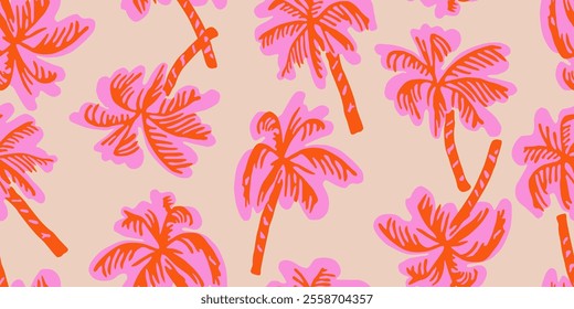 Tropical pattern with freehand drawn palm trees. Hawaii summer background for fabric, textiles, clothing, wrapping paper, cover, decoration, banner, wallpaper, interior decor. Vector illustration.