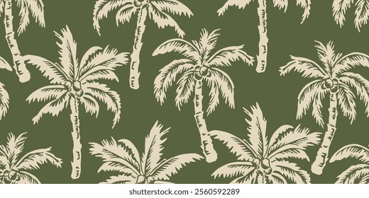 Tropical pattern with freehand drawn palm trees. Hawaii summer background for fabric, textiles, clothing, printing, cover, decoration, banner, wallpaper, interior decor. Vector illustration.