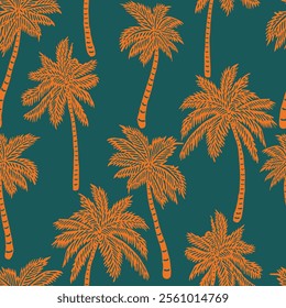 Tropical pattern with freehand drawn palm trees. Hawaii summer background for fabric, textiles, clothing, poster, cover, decoration, banner, wallpaper, interior decor. Vector illustration.