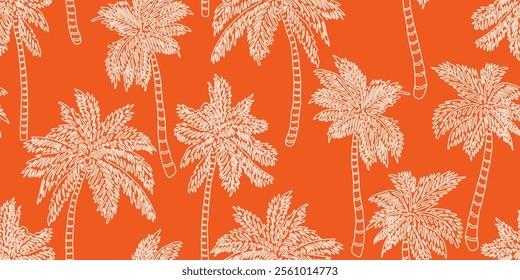 Tropical pattern with freehand drawn palm trees. Hawaii summer background for fabric, textiles, clothing, poster, cover, decoration, banner, wallpaper, interior decor. Vector illustration.