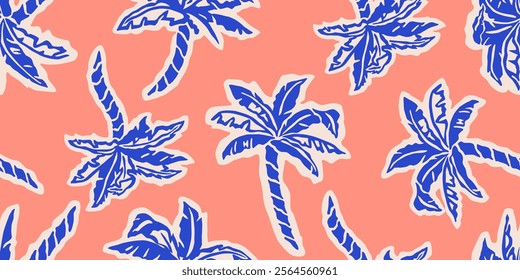 Tropical pattern with freehand drawn palm trees. Hawaii summer background for fabric, textiles, clothing, poster, cover, decoration, banner, wallpaper, interior decor. Vector illustration.