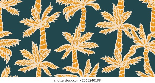 Tropical pattern with freehand drawn palm trees. Hawaii summer background for fabric, textiles, clothing, poster, cover, decoration, banner, wallpaper, interior decor. Vector illustration.