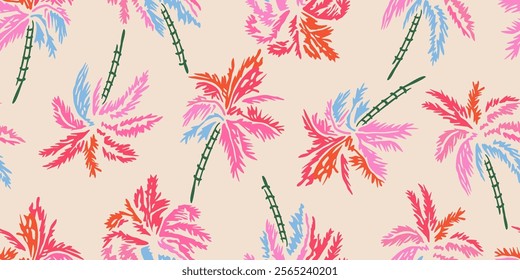 Tropical pattern with freehand drawn palm trees. Hawaii summer background for fabric, textiles, clothing, poster, cover, decoration, banner, wallpaper, interior decor. Vector illustration.