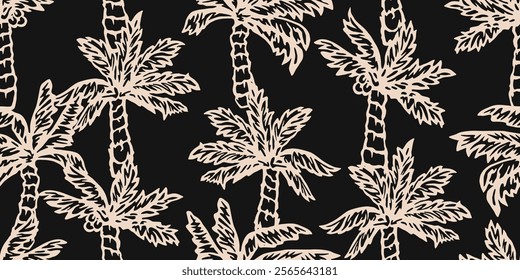 Tropical pattern with freehand drawn palm trees. Hawaii summer background organic shapes black and white for fabric, textiles, clothing, poster, cover, decor, banner, wallpaper. Vector illustration.