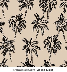 Tropical pattern with freehand drawn palm trees. Hawaii summer background organic shapes black and white for fabric, textiles, clothing, poster, cover, decor, banner, wallpaper. Vector illustration.