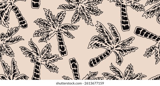 Tropical pattern with freehand drawn palm trees. Hawaii summer background organic shapes black and white for fabric, textiles, clothing, poster, cover, decor, banner, wallpaper. Vector illustration.