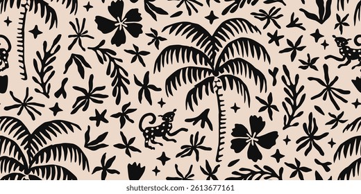 Tropical pattern with freehand drawn palm trees. Hawaii summer background organic shapes black and white for fabric, textiles, clothing, poster, cover, decor, banner, wallpaper. Vector illustration.