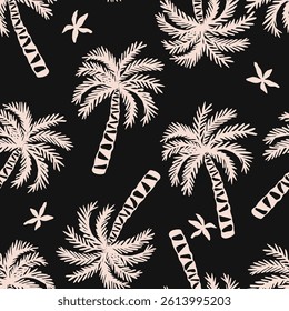 Tropical pattern with freehand drawn palm trees. Hawaii summer background organic shapes black and white for fabric, textiles, clothing, poster, cover, decor, banner, wallpaper. Vector illustration.
