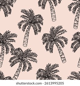Tropical pattern with freehand drawn palm trees. Hawaii summer background organic shapes black and white for fabric, textiles, clothing, poster, cover, decor, banner, wallpaper. Vector illustration.