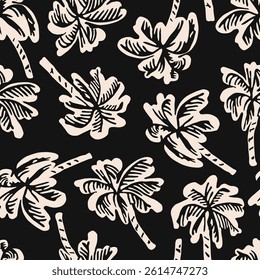 Tropical pattern with freehand drawn palm trees. Hawaii summer background organic shapes black and white for fabric, textiles, clothing, poster, cover, decor, banner, wallpaper. Vector illustration.
