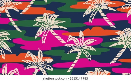 Tropical pattern with freehand drawn palm trees. Hawaiian summer background. Coconut tree print for fabric, textiles, packaging, cover, poster, banner, wallpaper, interior. Vector illustration.