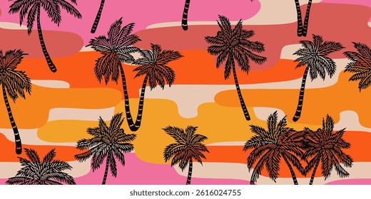 Tropical pattern with freehand drawn palm trees. Hawaiian summer background. Coconut tree print for fabric, textiles, packaging, cover, poster, banner, wallpaper, interior. Vector illustration.