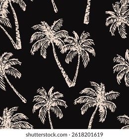 Tropical pattern with freehand drawn palm trees. Hawaii summer background organic shapes black and white for fabric, textiles, clothing, poster, cover, decor, banner, wallpaper. Vector illustration.