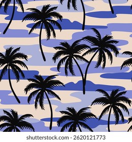 Tropical pattern with freehand drawn palm trees. Hawaiian summer background. Coconut tree print for fabric, textiles, packaging, cover, poster, banner, wallpaper, interior. Vector illustration.