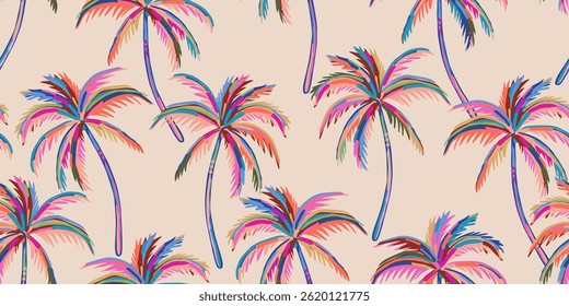 Padrão tropical com palmeiras puxadas à mão livre. Fundo de verão havaiano. Impressão de árvore de coco para tecido, têxteis, embalagem, tampa, cartaz, banner, papel de parede, interior. Ilustração vetorial.
