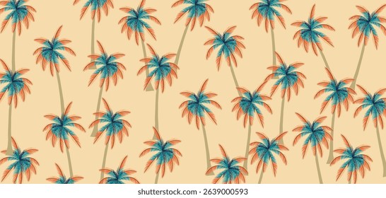 Tropical pattern with freehand drawn palm trees. Hawaii summer background for fabric, textiles, clothing, poster, cover, decoration, banner, wallpaper, interior decor. Vector illustration