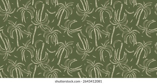 Tropical pattern with freehand drawn palm trees. Hawaiian summer background. Coconut tree print for fabric, textiles, packaging, cover, poster, banner, wallpaper, interior. Vector illustration.
