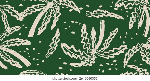 Tropical pattern with freehand drawn palm trees. Hawaiian summer background. Coconut tree print for fabric, textiles, packaging, cover, poster, banner, wallpaper, interior. Vector illustration.