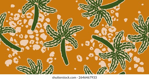 Tropical pattern with freehand drawn palm trees. Hawaii summer background for fabric, textiles, clothing, wrapping paper, cover, decoration, banner, wallpaper, interior decor. Vector illustration.