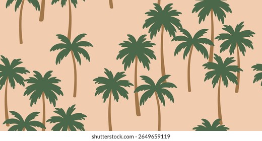 Tropical pattern with freehand drawn palm trees. Hawaiian summer background. Coconut tree print for fabric, textiles, packaging, cover, poster, banner, wallpaper, interior. Vector illustration.
