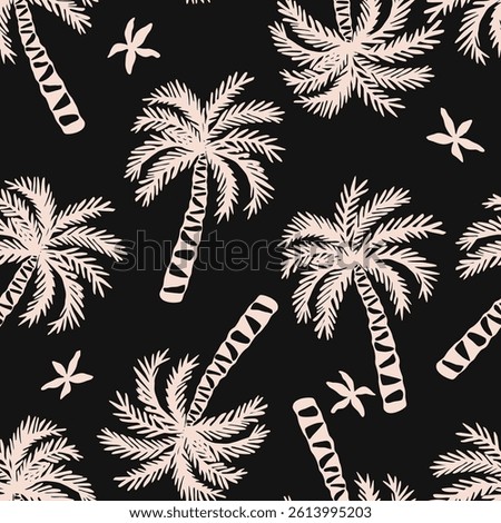 Tropical pattern with freehand drawn palm trees. Hawaii summer background organic shapes black and white for fabric, textiles, clothing, poster, cover, decor, banner, wallpaper. Vector illustration.