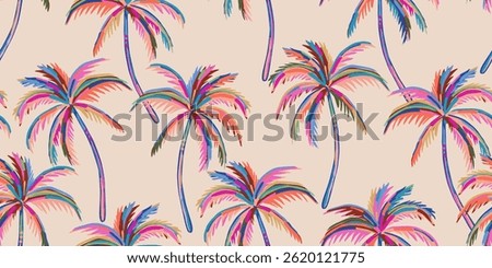 Tropical pattern with freehand drawn palm trees. Hawaiian summer background. Coconut tree print for fabric, textiles, packaging, cover, poster, banner, wallpaper, interior. Vector illustration.