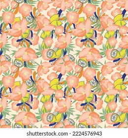 Tropical pattern with fresh lemon and romantic flowers