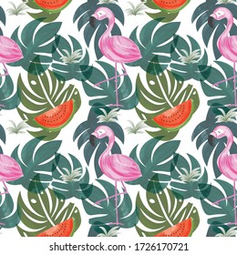 Tropical pattern with fresh watermelon and flamingo bird