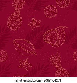 Tropical Pattern With Fruits And Palm Leaves. Seamless Vector Pattern With Tropical Palm Leaves And Doodle Fruits. Pineapple, Starfruit, Guava.