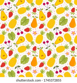 Patrón tropical con frutas. Fondo vectorial sin foco con piña, pera, fresa, cereza, flores y hoja de monstera.