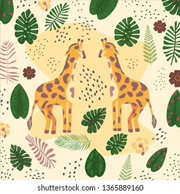 Tropical pattern with giraffe and palm leaves. African motifs.